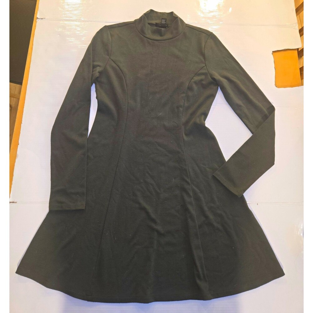 Forever 21 Green Solid Knit A-Line Dress Mock Neck Fitted Long Sleeve L